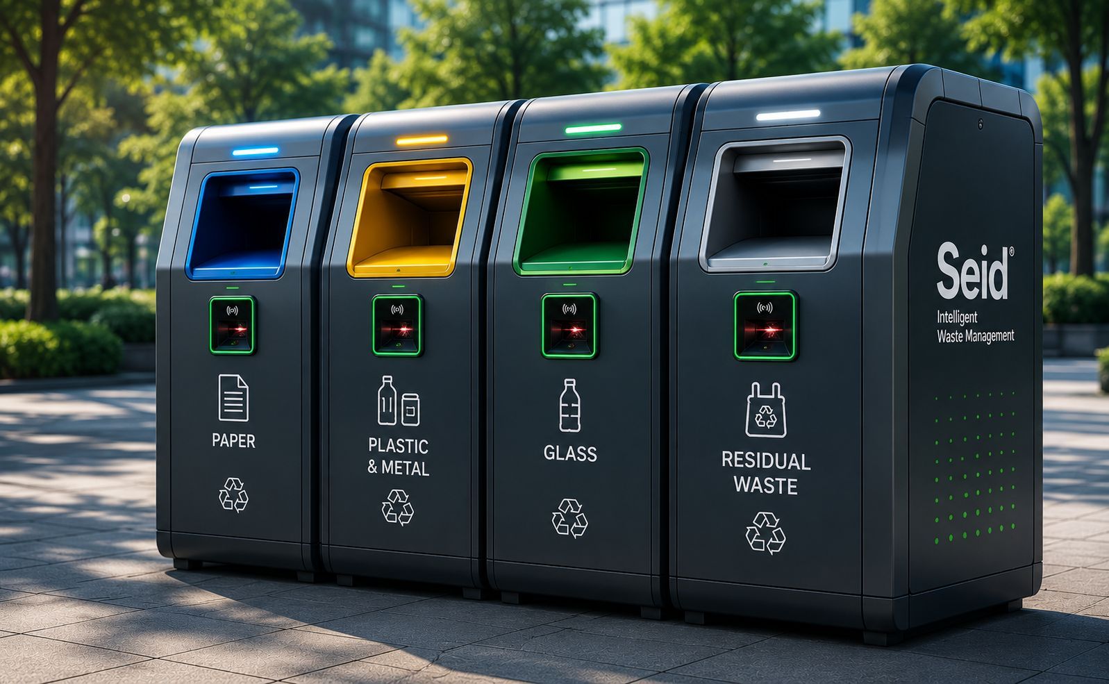 SEID smart recycling station with four colour-coded modules for paper, plastic & metal, glass and residual waste, installed in an urban setting.