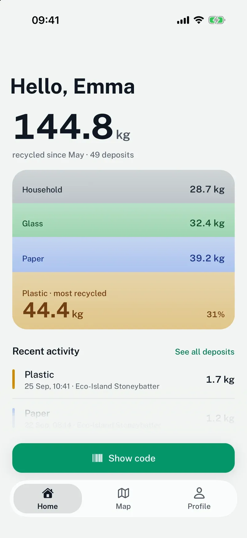 Home screen: 144.8 kg recycled since May, split into household, glass, paper and plastic